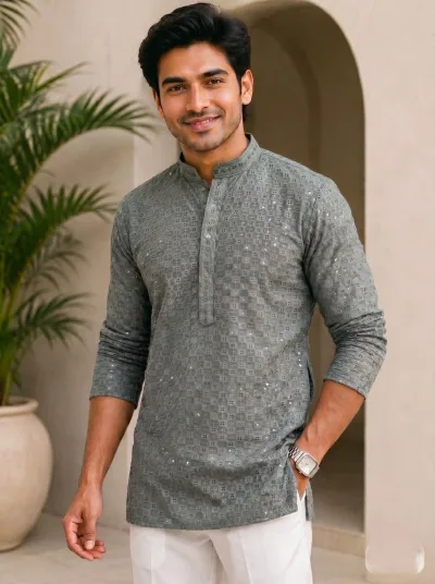 Stylish Chikan Work Fabric in  Full Sleeves Short kurta